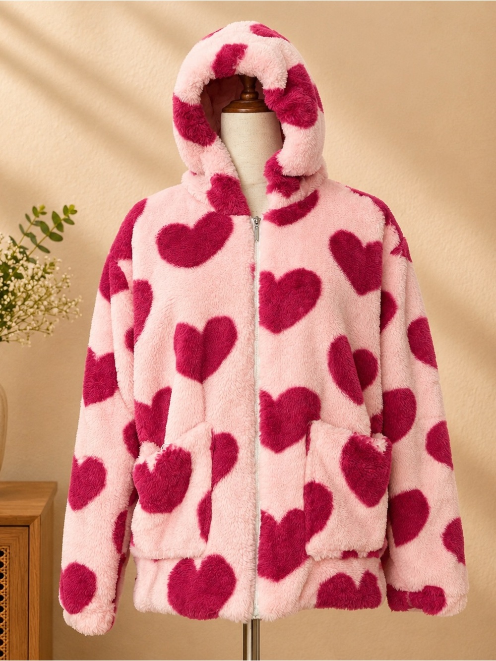 Pink Heart Jacket Fuzzy Plush Sherpa Hoodie Zip Up Coquette Y2K One S